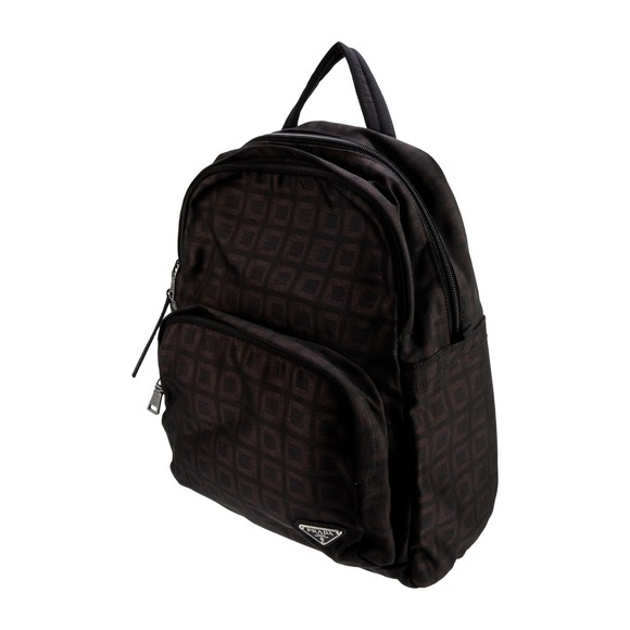 Prada Brown Black Check Print Nylon Backpack Triangle Logo Silver HW